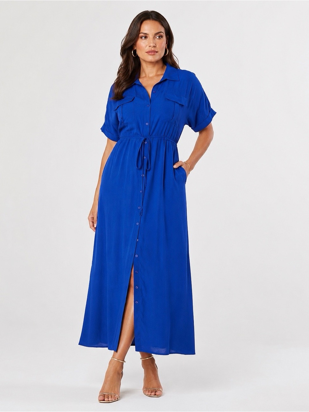 New Blue Short Sleeve Button Front Maxi Dress with Belt Size 3X